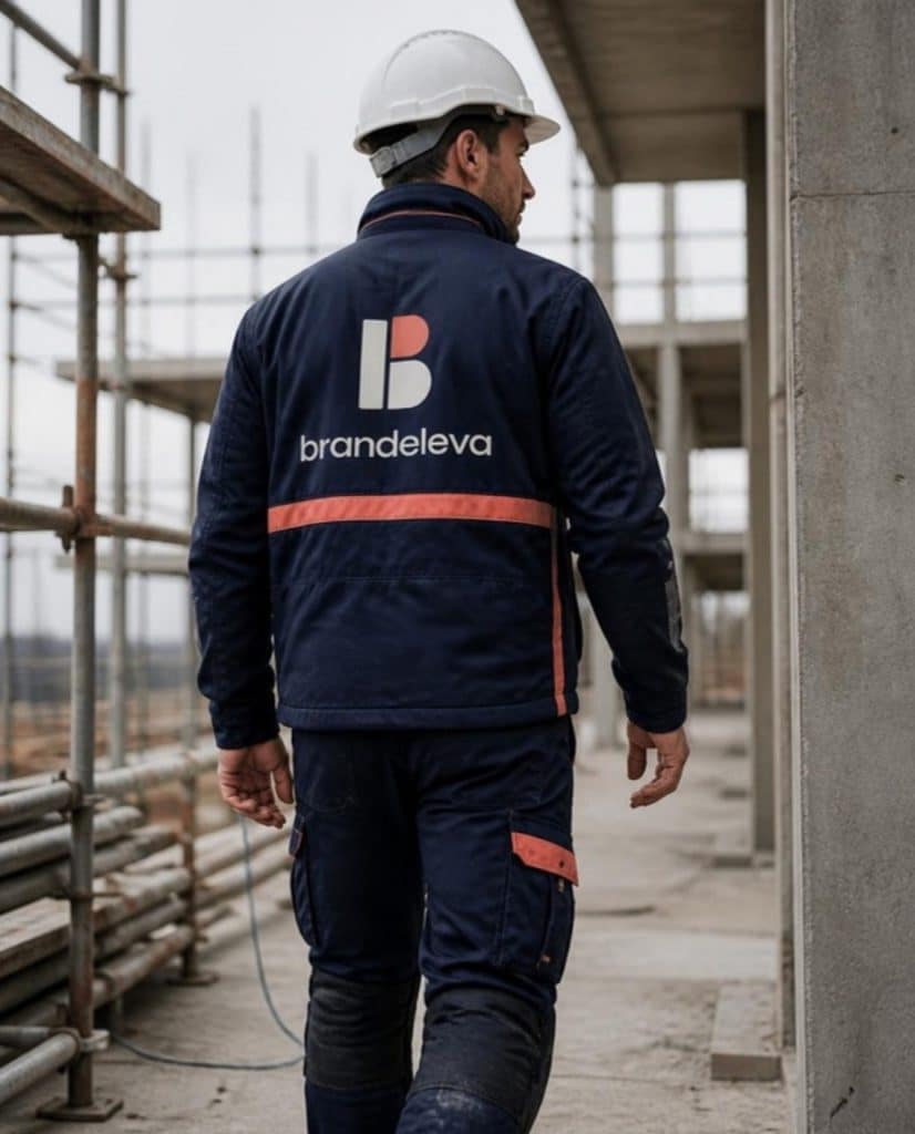 Ouvrier sur un chantier en veste de travail marquée Brandeleva